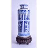 A 19TH CENTURY CHINESE BLUE AND WHITE PORCELAIN ROULEAU VASE bearing Kangxi marks to base, painted