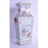 AN EARLY 20TH CENTURY CHINESE FAMILLE ROSE SQUARE FORM VASE painted with landscapes and calligraphy.