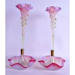 A PAIR OF VICTORIAN OPALINE GLASS VASES. 36 cm high.