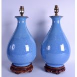 A PAIR OF CHINESE ROBINS EGG YUHUCHUMPING VASES converted to lamps. Vase 32 cm high.