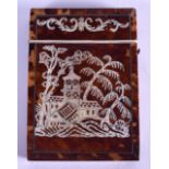 A GOOD VICTORIAN IVORY INLAID CARVED TORTOISESHELL CARD CASE decorated with a Chinese landscape to