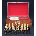 A JOHN JAQUES AND SON ANTIQUE CHESS SET, contained within mahogany box with brass fittings. King