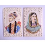 A PAIR OF LATE 19TH CENTURY INDIAN PAINTED IVORY PANELS depicting portraits. 6 cm x 9.25 cm.