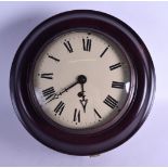 A MAHOGANY FUSEE WALL CLOCK with circular dial and black numerals. 28 cm diameter.