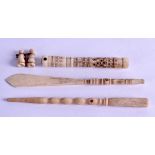 A COLLECTION OF FOUR 19TH CENTURY CARVED BONE STANHOPES in various forms including a pair of