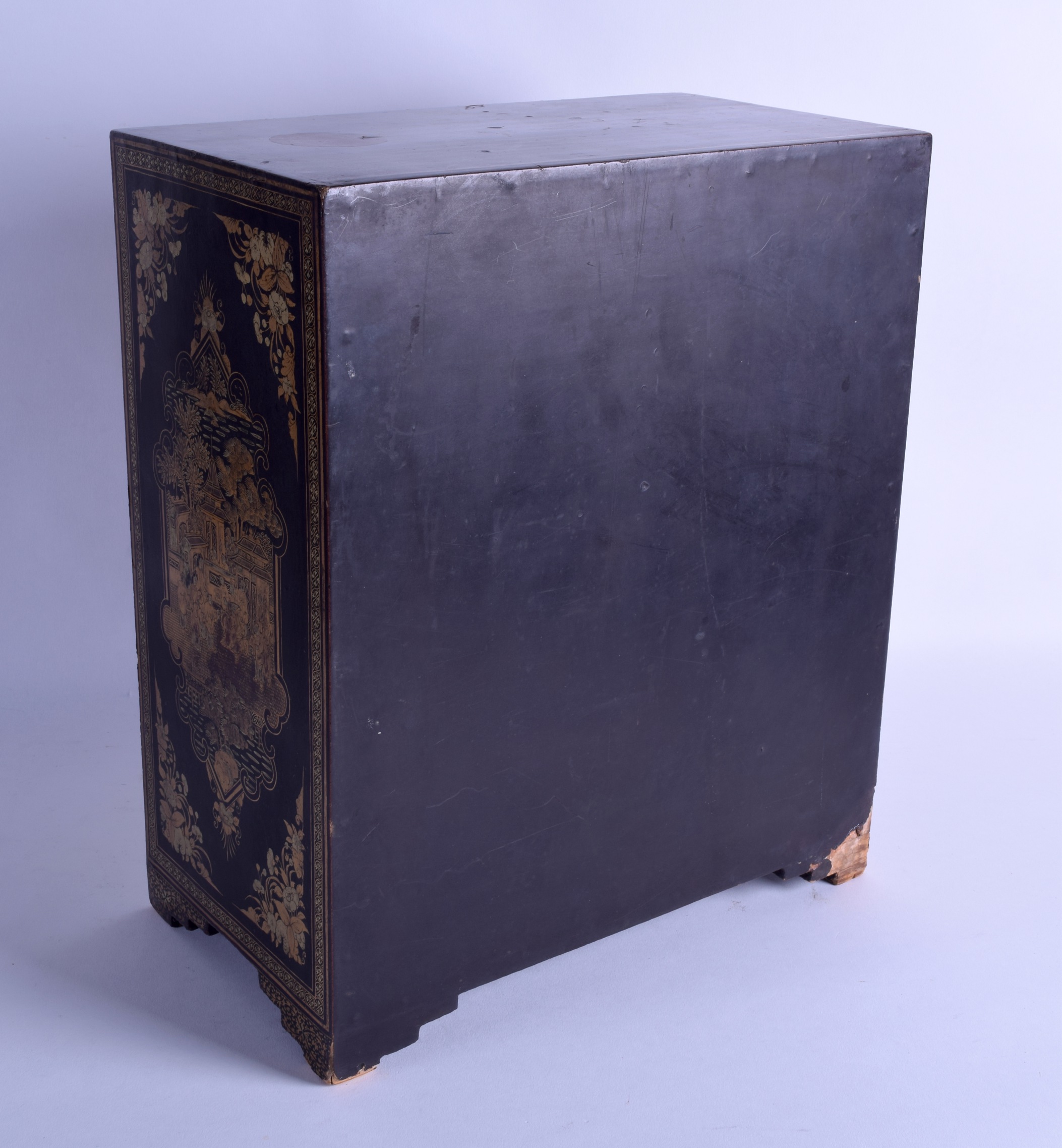 A MID 19TH CENTURY CHINESE EXPORT BLACK LACQUER TABLE CABINET with two doors over a pull out drawer, - Image 2 of 3