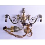 AN ANTIQUE BRASS TWIN BRANCH ADJUSTABLE LIGHT FITTING with acanthus mounts. Main unit 55 cm wide.