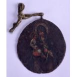 A GOOD 17TH/18TH CENTURY RUSSIAN DOUBLED SIDED TIN ICON depicting a saint on either side. 8 cm x 9.