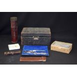 AN ANTIQUE CASED DRAWING SET, together with a telescope, pen knife etc. (qty)