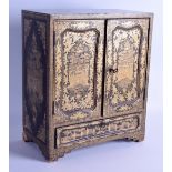 A MID 19TH CENTURY CHINESE EXPORT BLACK LACQUER TABLE CABINET with two doors over a pull out drawer,