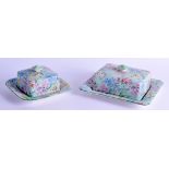 A SHELLEY CHINTZ 'MELODY' BUTTER DISH AND COVER together with a matching cheese dish. 17 cm & 13