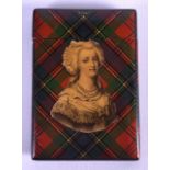 AN UNUSUAL SCOTTISH VICTORIAN TARTAN WARE CARD CASE set with a portrait of Marie Antoinette, the top