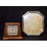 AN ART DECO WOODEN MANTEL CLOCK, together with another wall clock. (2)