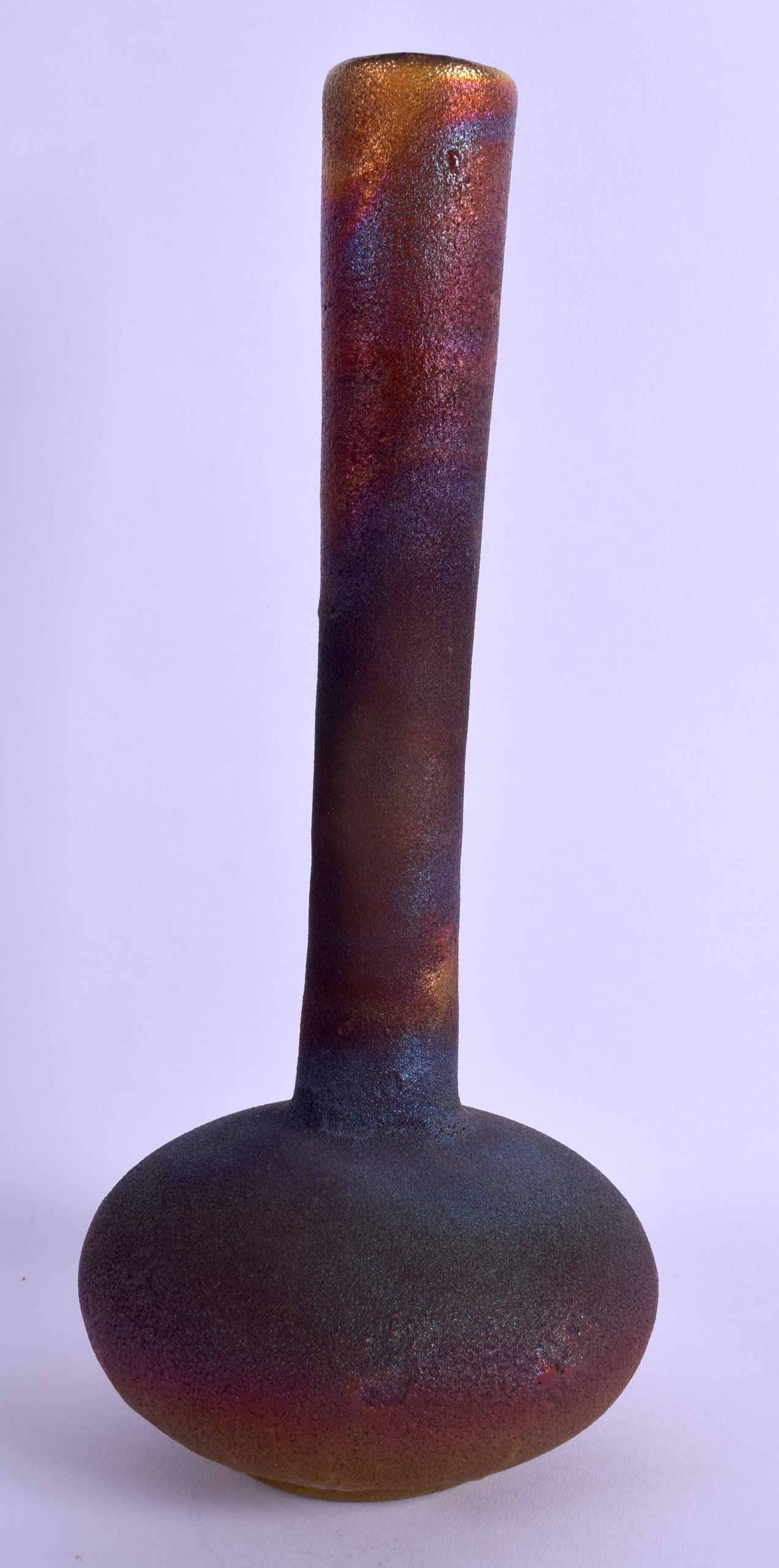 A EUROPEAN IRIDESCENT TEXTURED GLASS BULBOUS VASE with long tapering neck. Signed. 30.5 cm high.