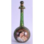 A 19TH CENTURY BOHEMIAN GREEN GLASS VASE AND COVER painted with a portrait of a female holding a