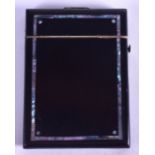 A VICTORIAN BLACK LACQUER AND MOTHER OF PEARL CARD CASE of plain form with abalone shell banding.