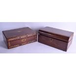 A VICTORIAN ROSEWOOD WRITING BOX together with another Victorian box. 35 cm wide. (2)