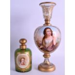 A 19TH CENTURY BOHEMIAN CLEAR GLASS VASE painted with gilt foliage and a portrait of a pretty