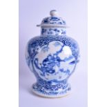 A 19TH CENTURY CHINESE BLUE AND WHITE BALUSTER JAR AND COVER bearing Kangxi marks to base, painted