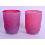 A FINE PAIR OF ANTIQUE SMOKEY PURPLE GLASS CUPS probably Webb and decorated by William Fritsche,