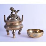 A 19TH CENTURY CHINESE TWIN HANDLED BRONZE CENSER AND COVER bearing Xuande marks to base, together