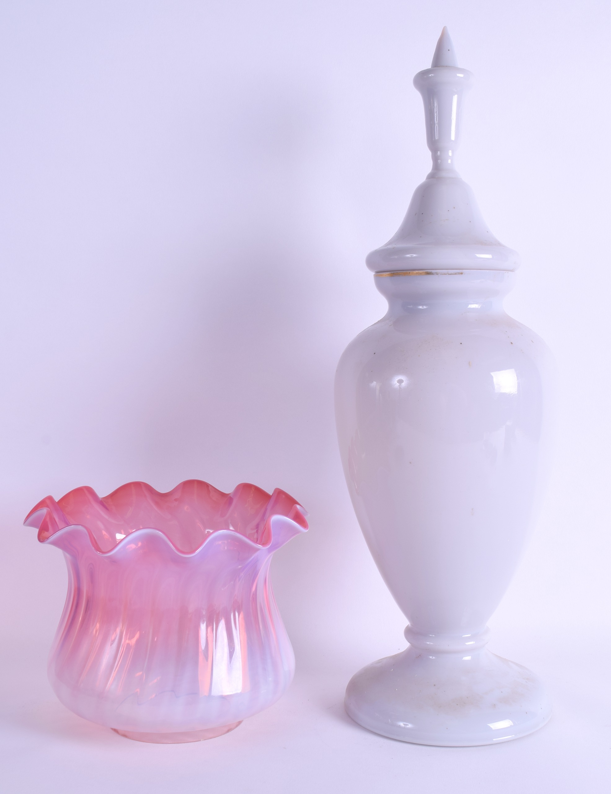 A VICTORIAN VASELINE PINK GLASS SHADE together with a late victorian enamelled grey glass vase &