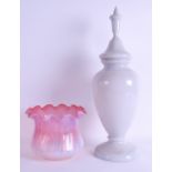 A VICTORIAN VASELINE PINK GLASS SHADE together with a late victorian enamelled grey glass vase &