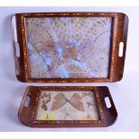 A LARGE LATE VICTORIAN/EDWARDIAN TUNBRIDGEWARE TWIN HANDLED TRAY together with a smaller matching