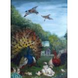 BRITISH SCHOOL (20th Century), framed oil on canvas, exotic birds in a landscape, "Charge of the
