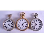 THREE LARGE ANTIQUE GENTLEMANS GOLIATH TYPE WATCHES two silver plated, one brass. Largest 6.75 cm