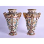 A PAIR OF JAPANESE NORITAKE PORCELAIN VASES decorated with birds and foliage. 23 cm high.