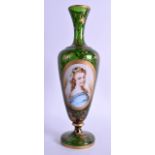 A 19TH CENTURY BOHEMIAN GREEN GLASS VASE painted with a female wearing a blue dress, within a