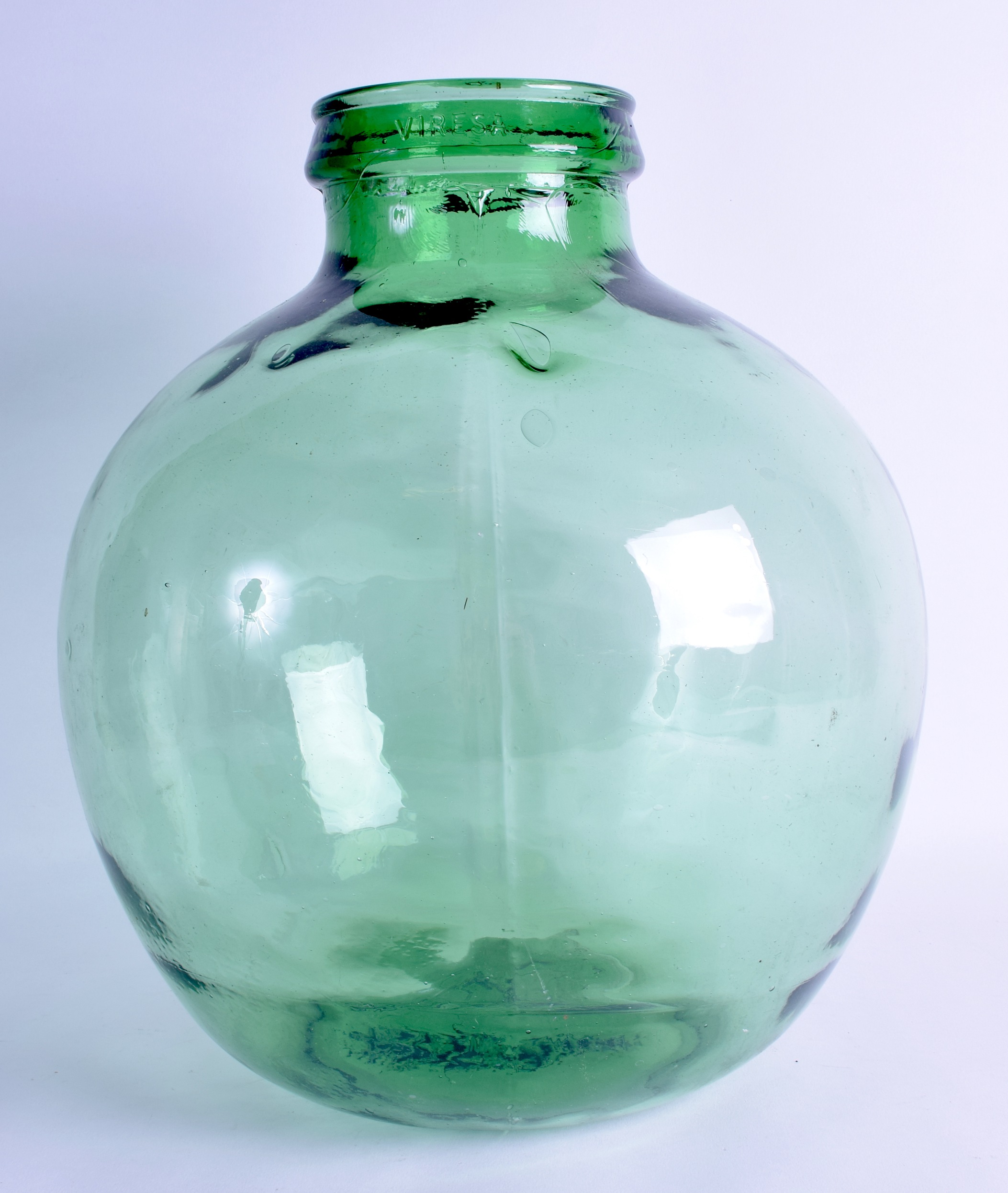 A LARGE VIERA GREEN GLASS VASE of bulbous form. 36 cm x 27 cm.
