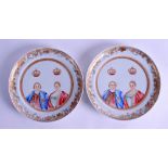 AN EXTREMELY RARE PAIR OF 18TH CENTURY CHINESE EXPORT FAMILLE ROSE 'EUROPEAN SUBJECT' DISHES painted
