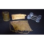 AN ANTIQUE BONE DOMINOES SET, together with a mesh purse etc. (5)