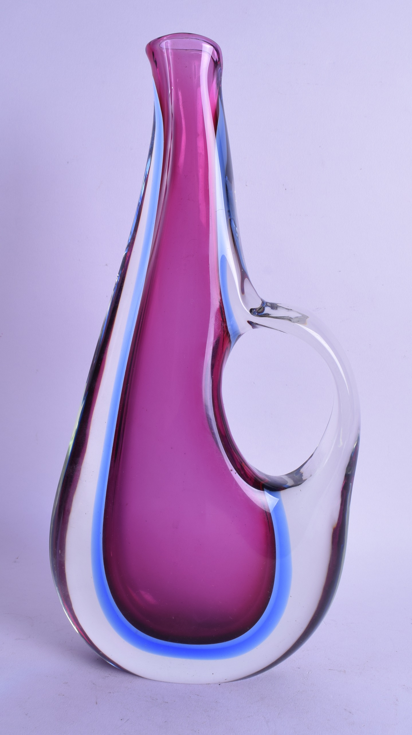 A MURANO PUCE AND BLUE GLASS EWER. 34.5 cm high.