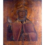 AN 18TH CENTURY RUSSIAN LACQUERED WOODEN ICON depicting a Saint, encased within a banding of foliage