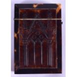 A RARE REGENCY CARVED TORTOISESHELL CARD CASE decorated to both sides with a Gothic type entrance.