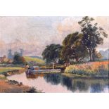 A E THOMAS (English), framed oil on board,signed & dated 1925, figure on a barge in a river