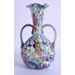 AN UNUSUAL ITALIAN TWIN HANDLED MILLEFIORI ART GLASS VASE. 16.5 cm high.