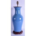 A CHINESE ROBINS EGG BALUSTER VASE converted to a lamp. Vase 43 cm high.