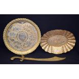 TWO PERSIAN MIXED METAL DISHES, of different design, together with a Turkish scimitar. (3)