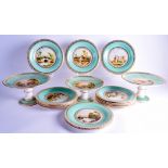 A SET OF FOURTEEN MID 19TH CENTURY ENGLISH PORCELAIN PLATES together with three matching comports,