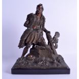 A 19TH CENTURY EUROPEAN BRONZE OR SPELTER FIGURE OF A GREEK MALE modelled kneeling upon a stone