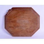 A ROBERT THOMAS MOUSEMAN CARVED WOOD BREAD OR CHEESE BOARD. 30 cm x 25.5 cm.