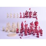 A COLLECTION OF MID 19TH CENTURY CHINESE CARVED AND STAINED IVORY CHESS PIECES. Largest 7.5 cm high.