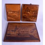 A SET OF THREE EARLY 20TH CENTURY PARQUETRY PANELS depicting landscapes and houses. Largest 39 cm