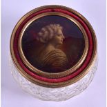 A LOVELY FRENCH ART NOUVEAU ENAMEL GILT METAL AND GLASS BOWL AND COVER painted with a portrait of