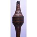 AN UNUSUAL 19TH CENTURY POLYNESIAN TRIBAL WAR CLUB with globular metal mounted shaft, decorated with