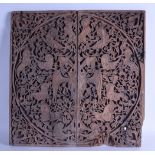 A GOOD 16TH/17TH CENTURY TURKISH OTTOMAN CARVED WOODEN PANEL depicting animals within extensive